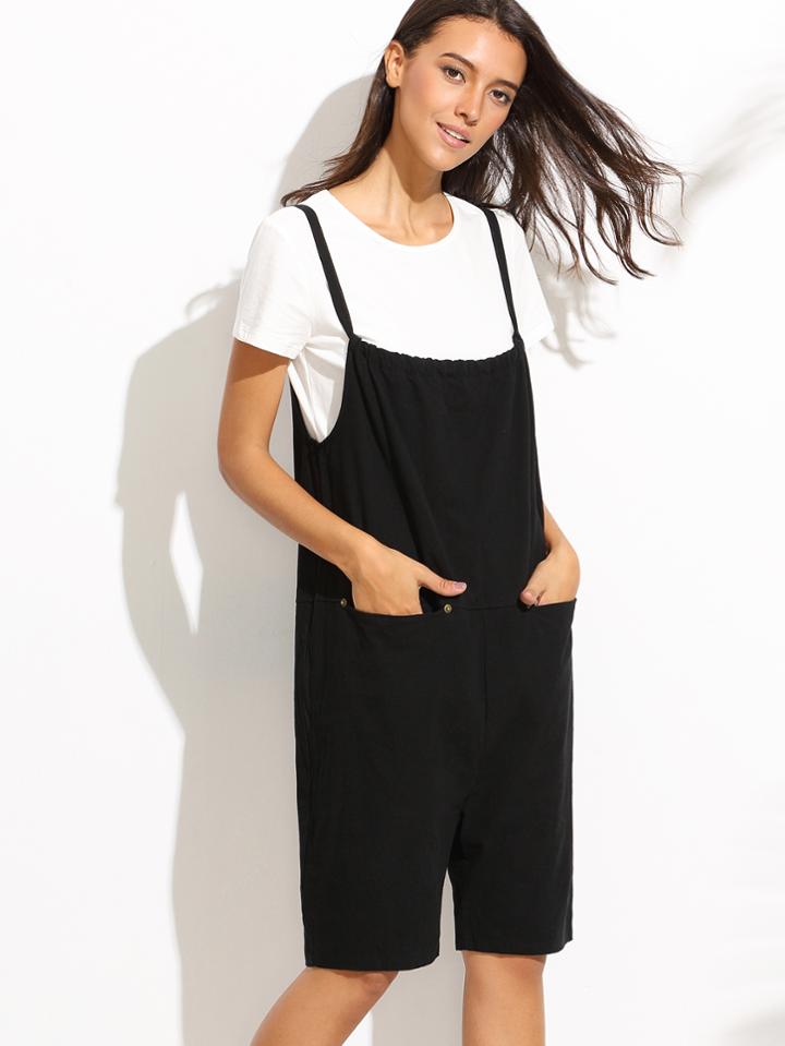Romwe Black Pocket Overall Shorts