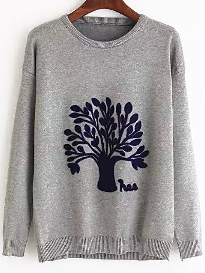 Romwe Tree Embroidered Grey Sweater