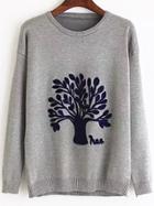 Romwe Tree Embroidered Grey Sweater