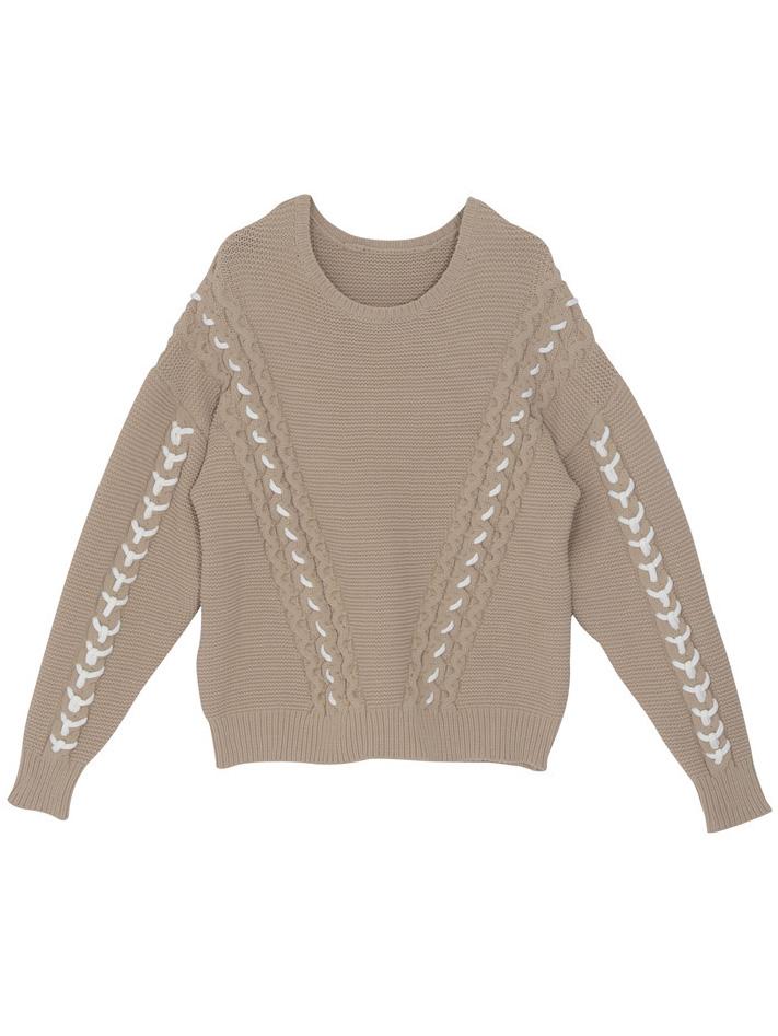 Romwe Round Neck Ribbon Loose Khaki Sweater