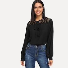 Romwe Contrast Lace Tie Neck Blouse