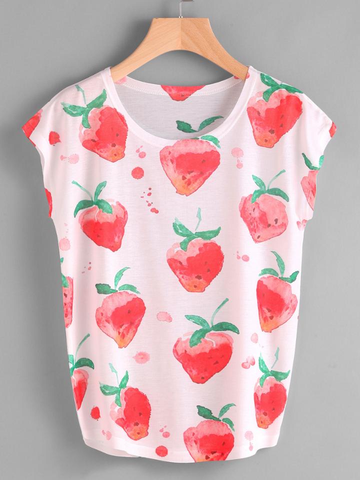 Romwe Watercolor Strawberries Print Tee