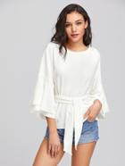 Romwe Tie Front Layered Trumpet Sleeve Textured Top