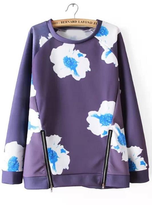Romwe Floral Print Zipper Loose Purple Sweatshirt