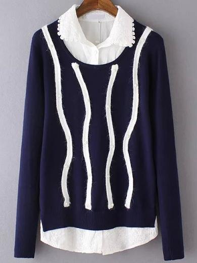 Romwe Lapel Embroidered Contrast Trims Navy Sweater With Beaded