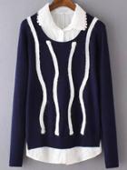 Romwe Lapel Embroidered Contrast Trims Navy Sweater With Beaded