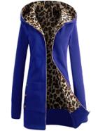 Romwe Blue Hooded Leopard Lined Sweatshirt