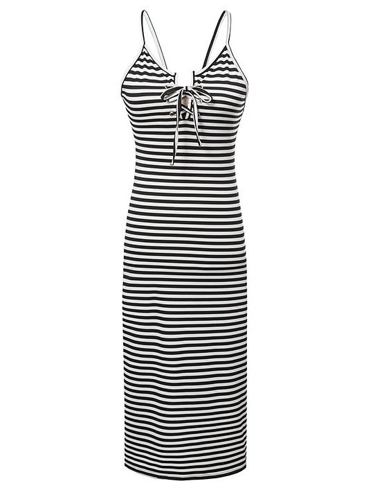 Romwe Black And White Spaghetti Strap Backless Dress