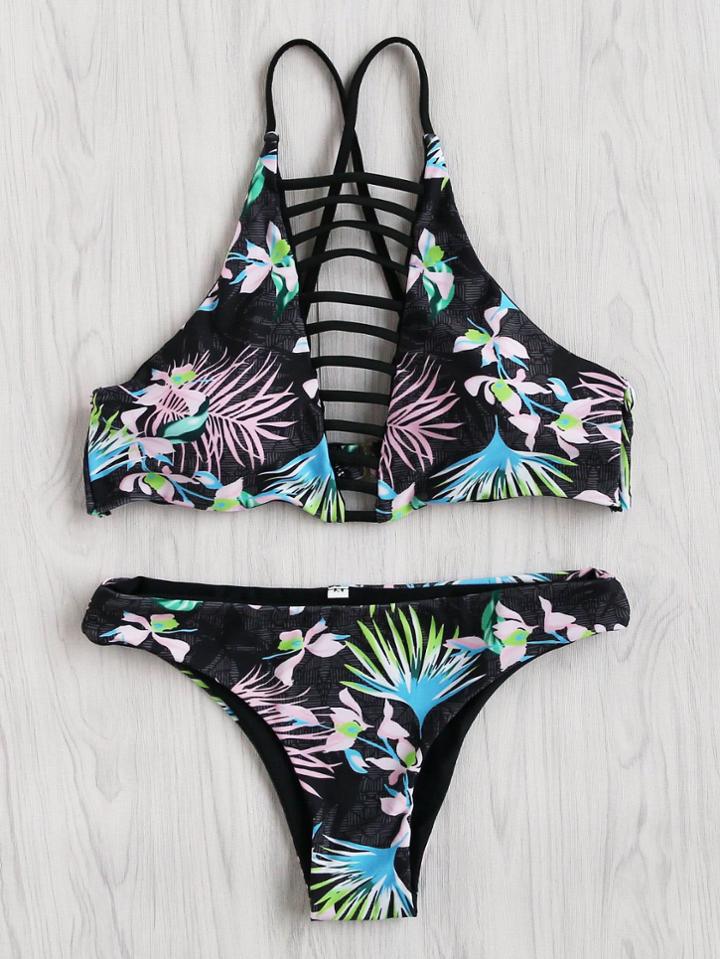 Romwe Jungle Print Ladder Cutout Cross Strap Bikini Set