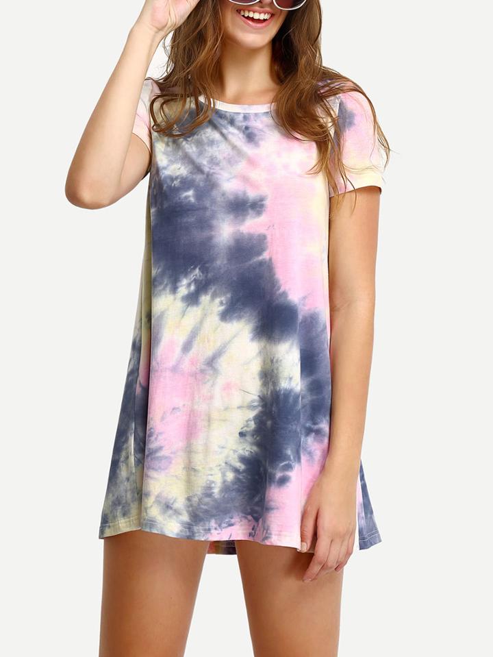 Romwe Multicolor Ink Print Short Sleeve Casual Shirt Dress