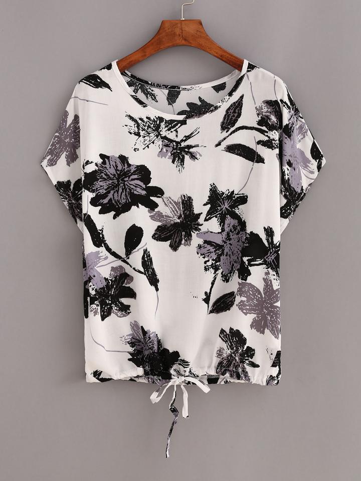 Romwe Contrast Flower Print Drawstring Hem T-shirt