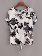 Romwe Contrast Flower Print Drawstring Hem T-shirt