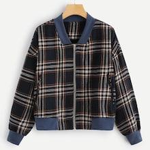 Romwe Plus Contrast Rib Tim Plaid Jacket