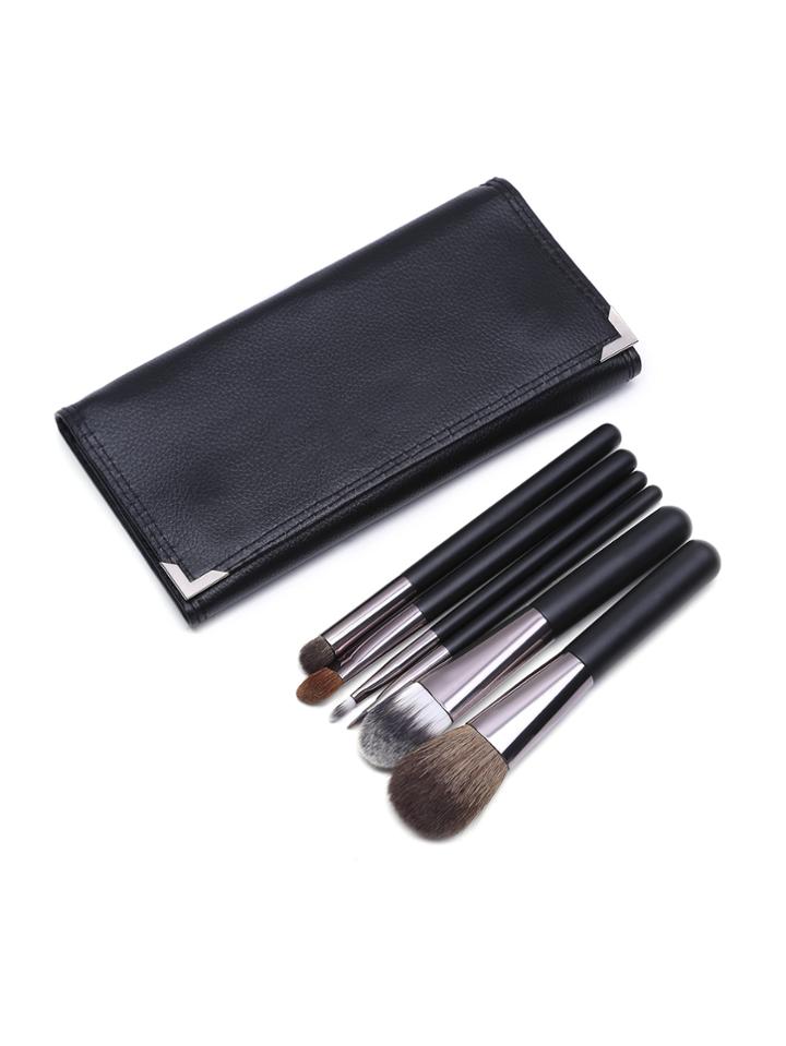 Romwe 6pcs Black Professional Makeup Brush Set With Faux Leather Bag