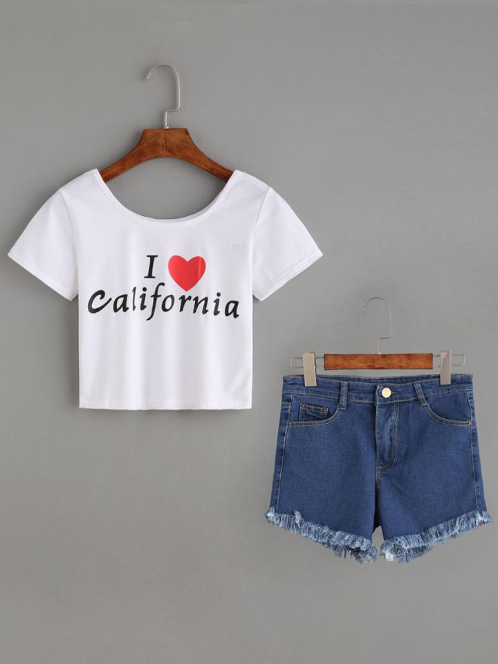 Romwe White Heart Letters Print T-shirt With Blue Tassel Trim Denim Shorts