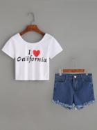 Romwe White Heart Letters Print T-shirt With Blue Tassel Trim Denim Shorts