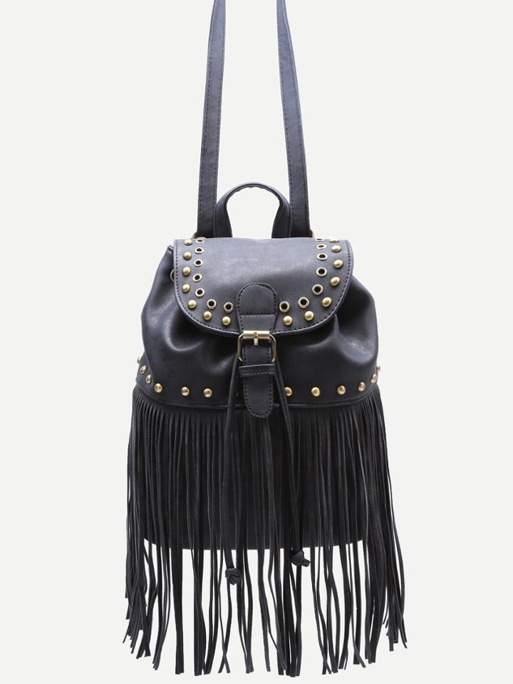 Romwe Black Pu Tassel Fringe Studded Drawstring Flap Backpack