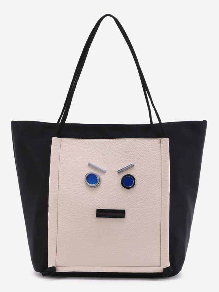 Romwe Color Block Pu Trim Nylon Casual Tote Bag