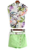Romwe Short Sleeve Leaves Print Top With Shorts