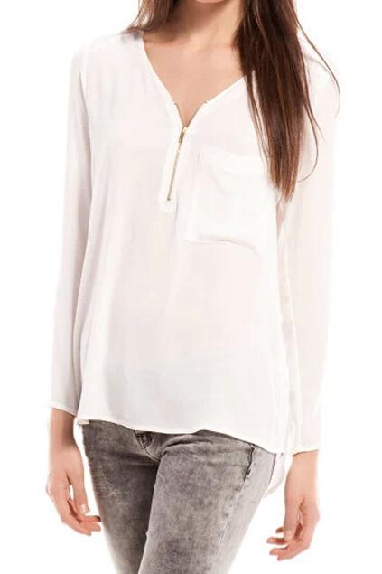 Romwe Romwe Pocketed Zippered Sheer White Blouse