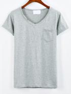 Romwe Plain V-neck Pocket T-shirt - Grey