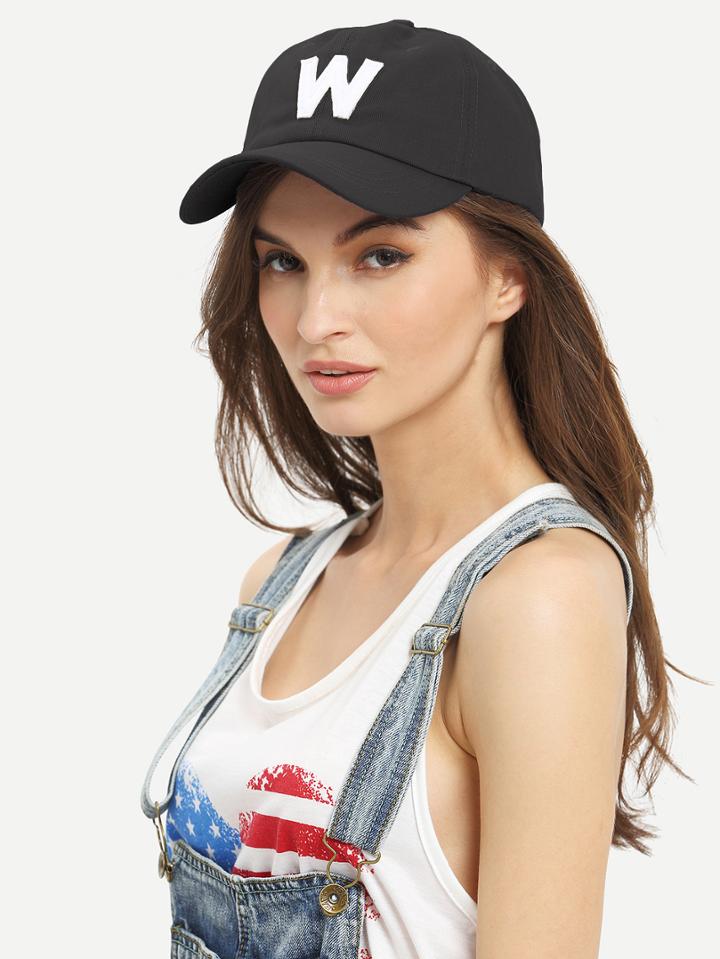 Romwe Letter Patch Baseball Hat - Black