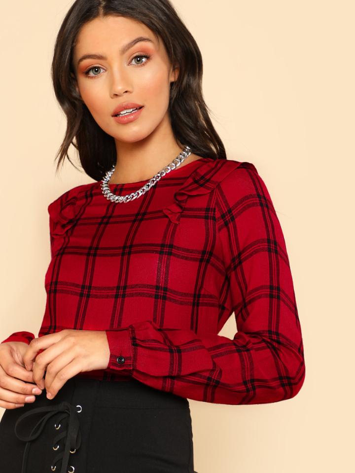 Romwe Ruffle Shoulder Grid Top