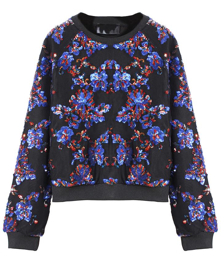 Romwe Sequined Crop Blue Sweatshirt