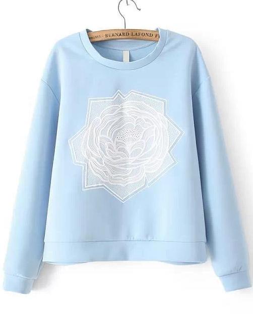 Romwe Embroidered Crop Blue Sweatshirt