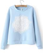 Romwe Embroidered Crop Blue Sweatshirt
