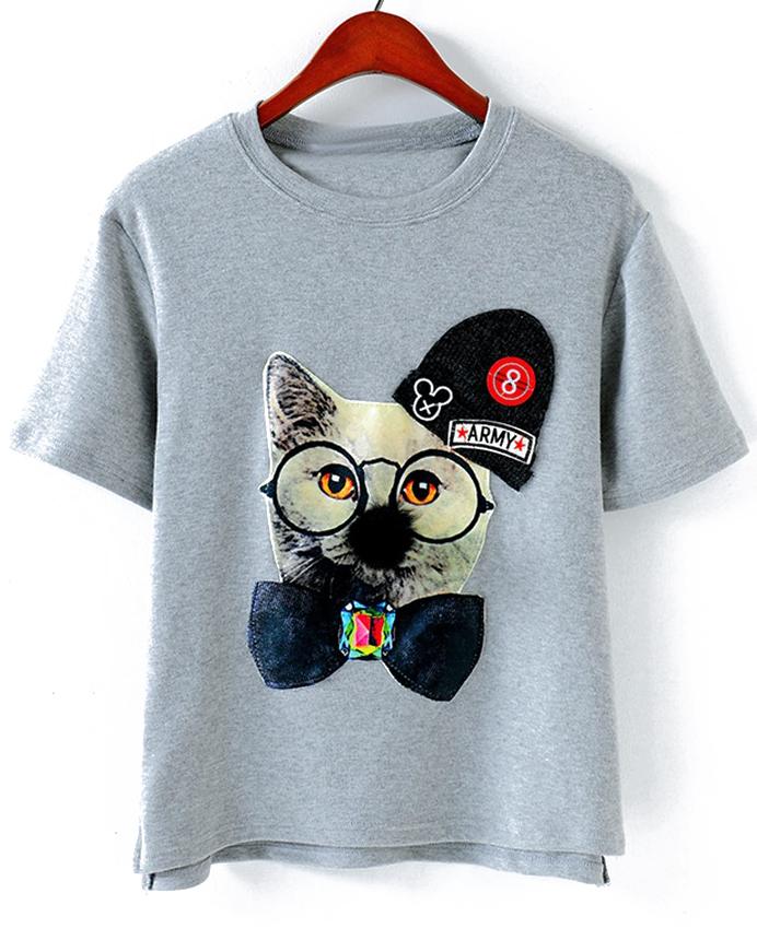 Romwe Dip Hem Cat Patch Grey T-shirt