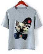 Romwe Dip Hem Cat Patch Grey T-shirt