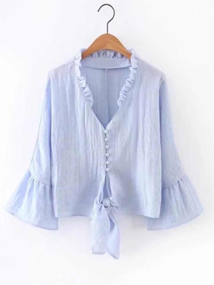 Romwe Bell Sleeve Frill Trim Knot Front Blouse