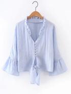 Romwe Bell Sleeve Frill Trim Knot Front Blouse