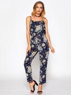 Romwe Drawstring Waist Floral Print Random Jumpsuit