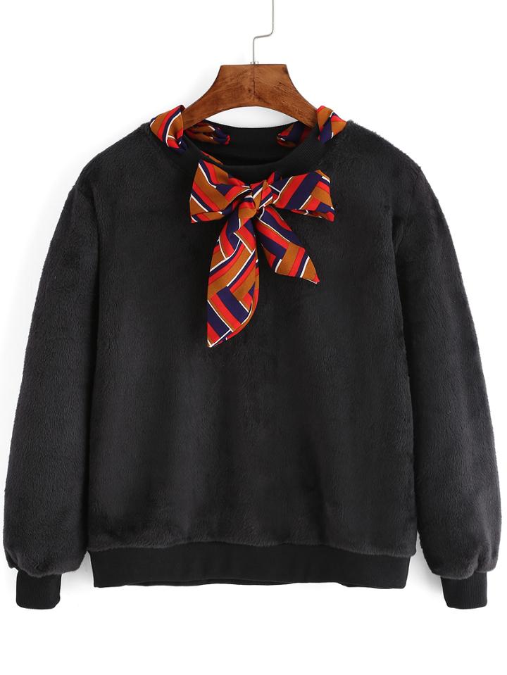 Romwe Crew Neck Bow Black Sweater