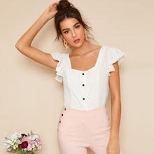 Romwe Button Front Ruffle Sleeve Top