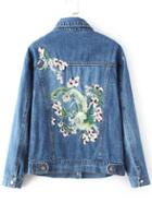 Romwe Blue Floral Embroidery Denim Jacket