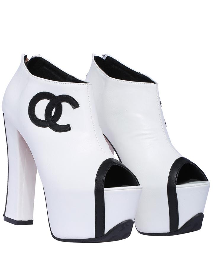 Romwe White High Heel Peep Toe Oc Print Shoes