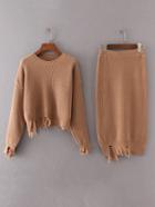 Romwe Ripped Trim Rib Knit Sweater With Skirt