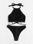 Romwe Self Tie Stitch Detail Bikini Set