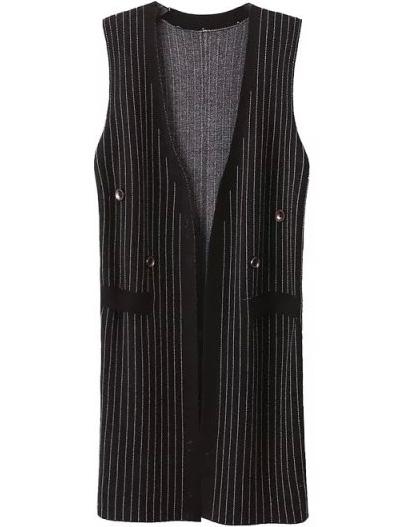 Romwe Slit Back Vertical Striped Knit Black Vest
