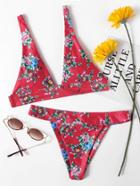 Romwe Flower Print Plunge Bikini Set