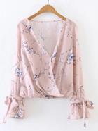 Romwe Pink Floral Print V Neck Wrap Blouse With Bow