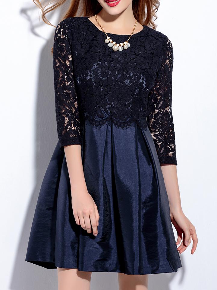 Romwe Navy Contrast Lace A-line Combo Dress