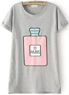 Romwe Grey Short Sleeve Perfume Bottles Print T-shirt