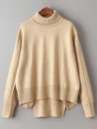 Romwe Khaki Turtleneck Dolman Sleeve Asymmetrical Sweater