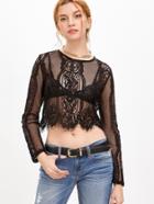 Romwe Black Lace See-through Crop Blouse