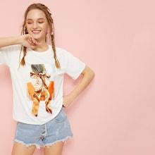 Romwe Figure Print Knot Detail Tee
