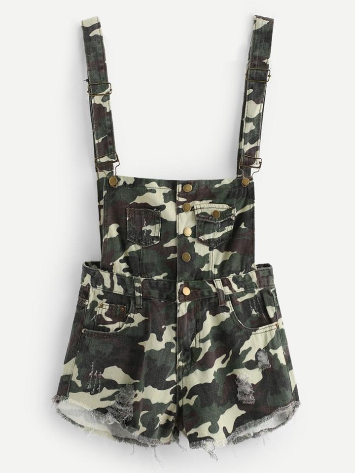 Romwe Raw Hem Camo Denim Overalls